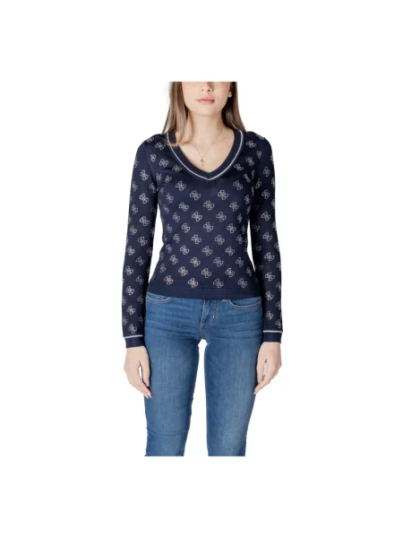 Lekki sweter Guess z dekoltem w serek z dżerseju niebieski