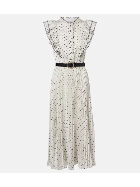 Rochie midi Self-portrait cu buline plisată până la genunchi alb
