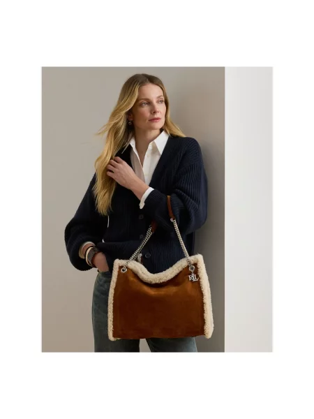 Torebka z futerkiem i aplikacją z logo Lauren Ralph Lauren brązowa