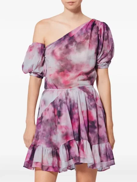 Rochie mini Marant Etoile cu volane cu un umăr gol de costum violet