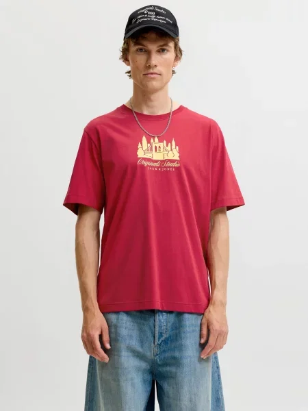 JACK & JONES Tricou JORNORREBRO SKYLINE galben deschis roșu