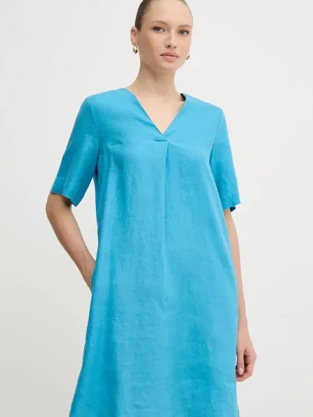 Ленена рокля United Colors of Benetton къса с уголемена кройка синьо