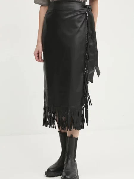 Kožená sukně Never Fully Dressed Vegan Leather Fringe Jaspre midi pouzdrová černá
