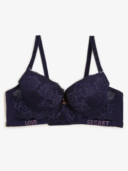 Sutien Push-Up Închis Decorat cu Dantelă și Inscripții cu Paiete Elisei albastru