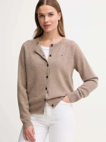 Вълнена жилетка Tommy Hilfiger дамска кафяво от лека материя бежово