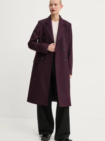 Шерстяное двубортное пальто Ps Paul Smith фиолетовое