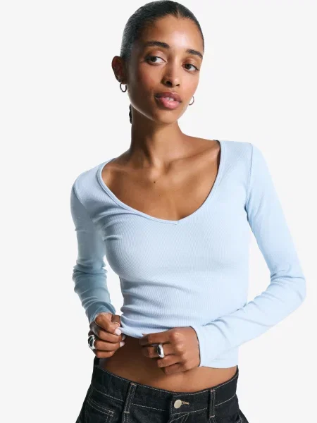 Bershka Koszulka Z Długim Rękawem I Dekoltem W Serek Kobieta Xs Jasnoniebieski