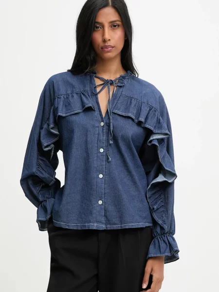 Answear.LAB koszula regular z wiązanym dekoltem niebieski