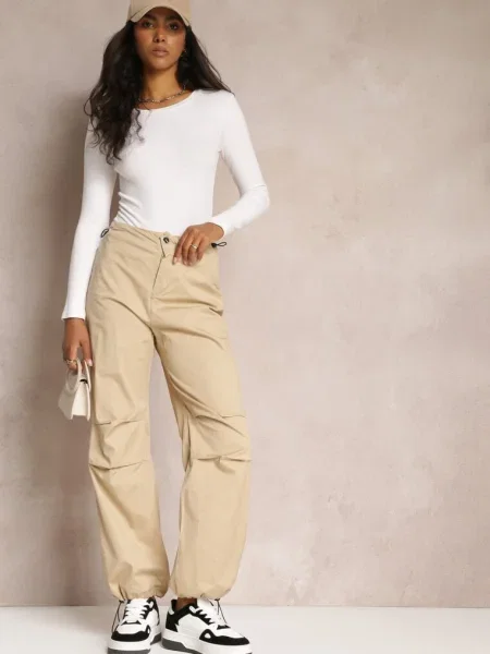 Pantaloni largi cu șnururi și talie încrețită Nirli bej