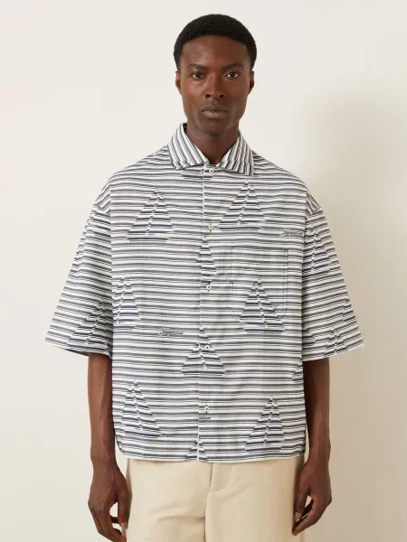 Jacquemus Košile S Krátkým Rukávem La Chemise Plage Comfort Fit / tmavě modrá bílá