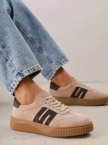 Skórzane Sneakersy w Stylu Tenisówek z Geometrycznym Wzorem Halossea beżowe