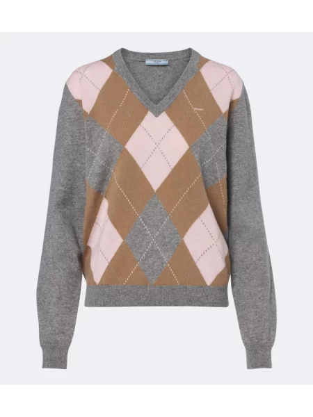 Pulover Prada din cașmir cu model argyle gri