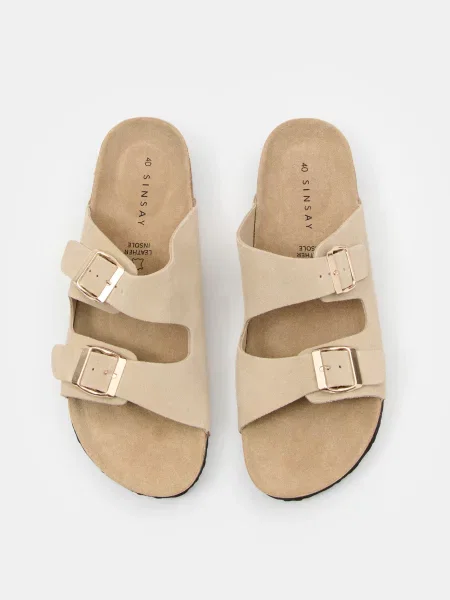 Кожаные шлепанцы Sinsay с ремешками бежевые