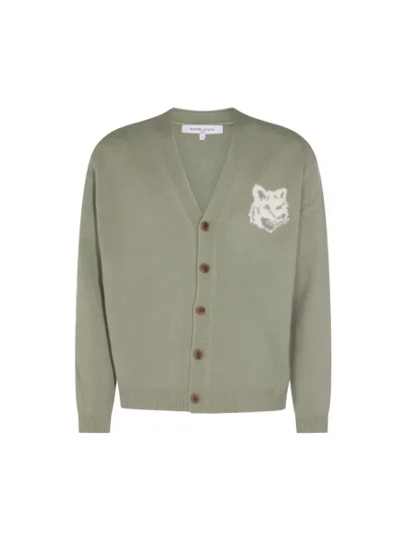 Kardigan Maison Kitsune wełniany z dekoltem w serek zielony