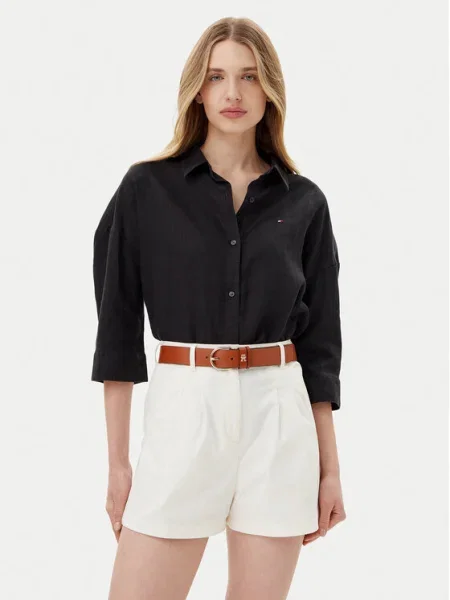 Ленена риза Tommy Hilfiger дамска със свободна кройка с класическа яка черно