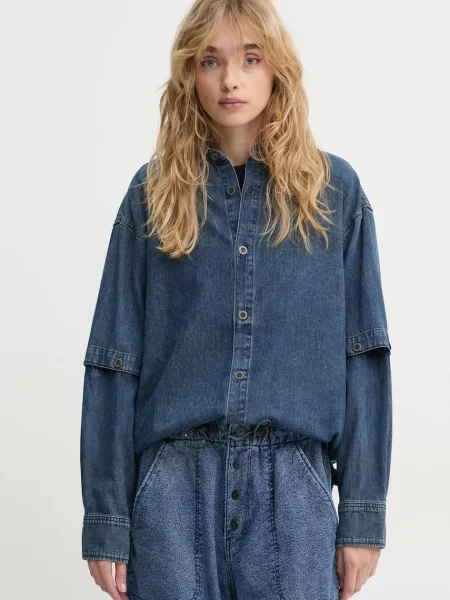 Риза G-Star Raw дамска със свободна кройка с класическа яка синьо