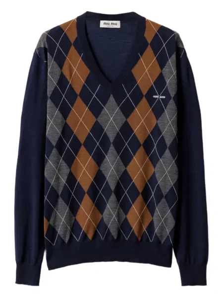 Pulover Miu Miu de lână cu decolteu în V cu model argyle albastru
