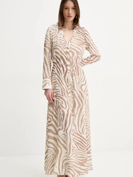 Рокля с лен Marciano Guess GISELLE дълга разкроена бежово