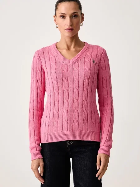 U.S. Polo Assn. svetr dámský V-NECK CABLE růžový
