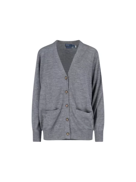 Welurowy kardigan Ralph Lauren z dekoltem w serek szary