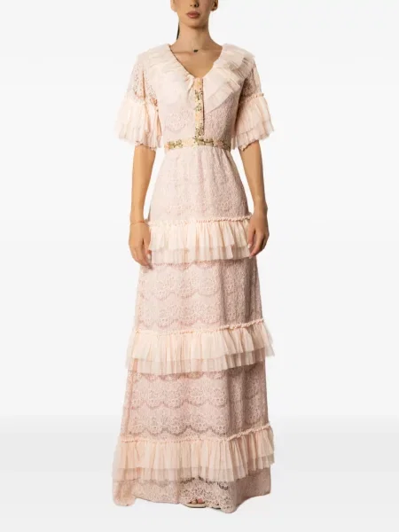 Rochie maxi Miau By Clara Rotescu cu volane din dantelă roz