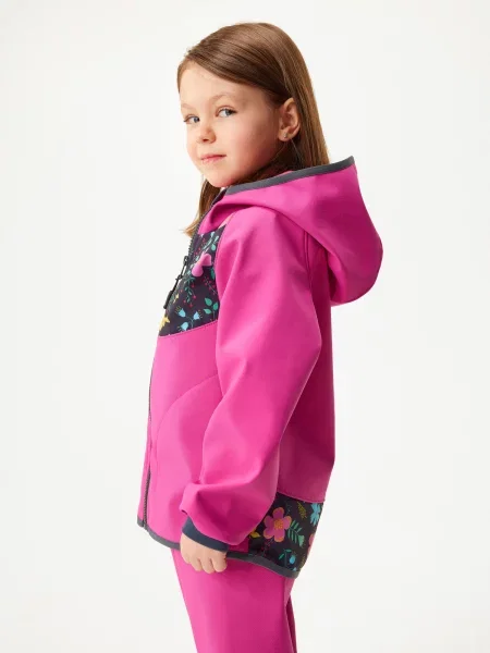Kurtka Softshell z Fleece dla dzieci Basic Fuksja Kwiaty czarna