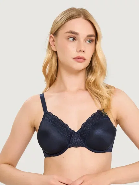 Однотонный бюстгальтер с вышивкой синій