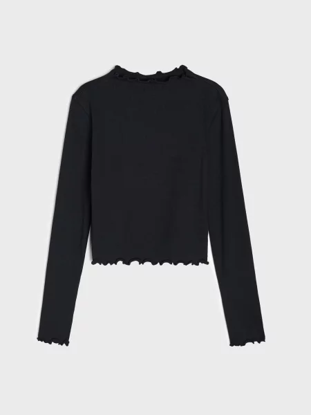 Sinsay tričko z žebrovaného úpletu s ozdobnými volány černá
