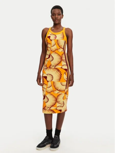 Рокля adidas x Farm Rio среднодълга с кройка по тялото оранжево