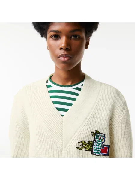 Lacoste Sweter Świąteczny Z Wełnianym Dekoltem W Serek Lacoste