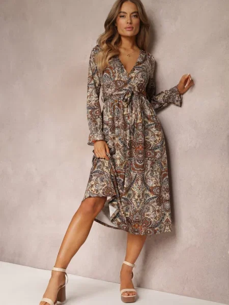 Sukienka Maxi z Wzorem Paisley i Gumką w Talii Alynthe beżowa