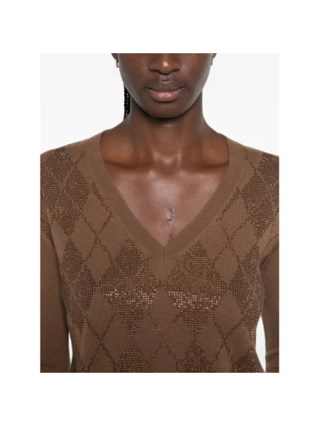Sweter Max Mara z dekoltem w serek brązowy