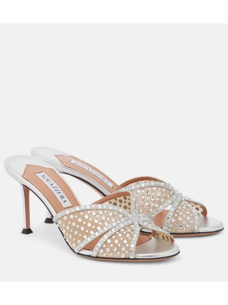 Papuci tip mules Aquazzura din piele de cristal argintiu