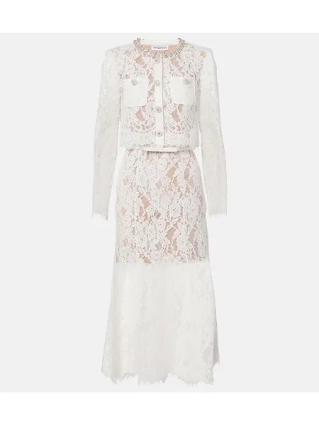 Sukienka midi Self-portrait koronkowa do kolan garniturowa biała