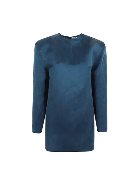 Satynowa sukienka Saint Laurent garniturowa niebieska