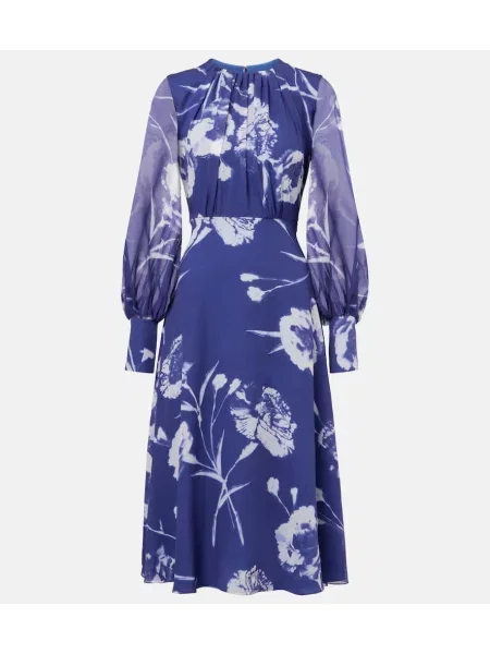 Rochie midi Erdem de mătase cu model floral până la genunchi albastru