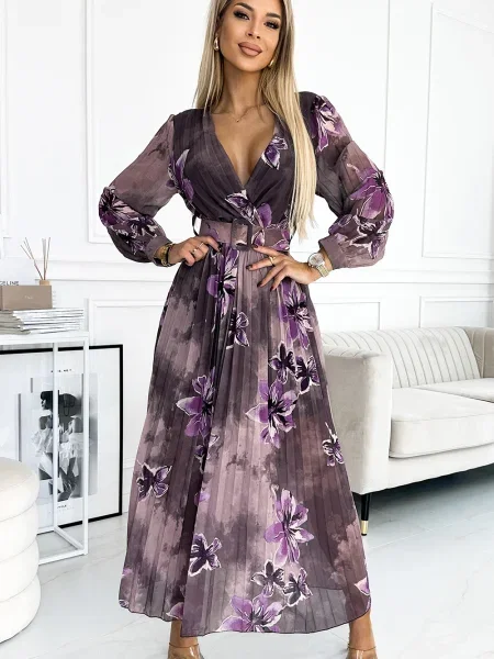 Rochie Numoco Basic din șifon cu model floral cu mâneci lungi violet