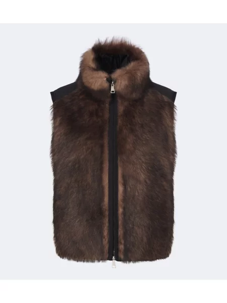 Vestă din puf Moncler din piele de oaie maro