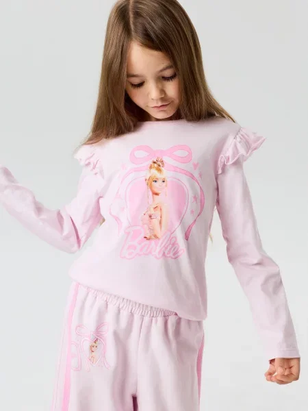 Sinsay tričko s potiskem a volánky Barbie pastelová růžová