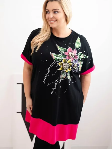 Tunică Kesi Włoski cu perle cu model floral negru