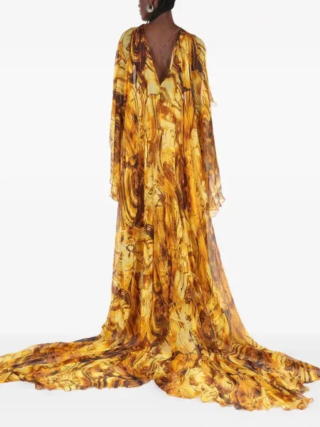 Rochie maxi Roberto Cavalli de mătase de costum galben