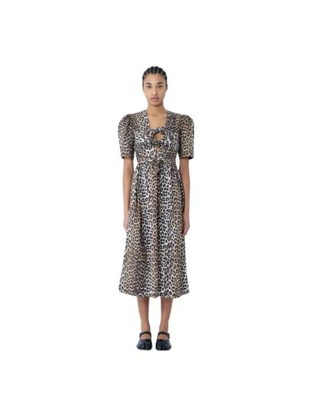 Wielobarwność sukienka midi Ganni w panterkę brązowa