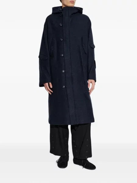 Vilnonis paltas Yohji Yamamoto su gobtuvu mėlyna