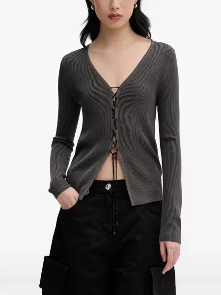 Cardigan Miss Sixty cu funde cu șireturi din dantelă gri