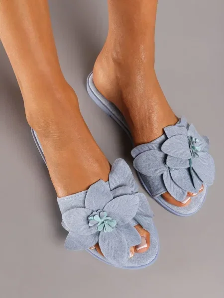 Papuci Albastri din piele intoarsa ecologica pe talpa joasa cu floare decorativa Ellesara albastru