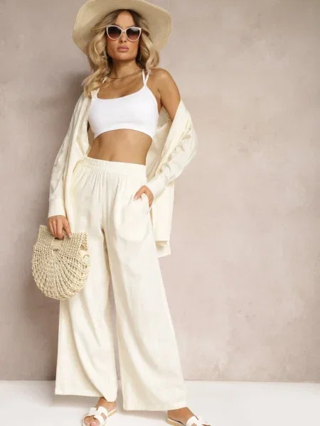 Set Pantaloni Vâscoză cu Picior Larg și în Talie Cămașă cu Tinamars bej