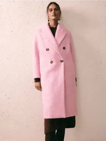 Reserved Двобортне пальто з високим вмістом вовни рожевий