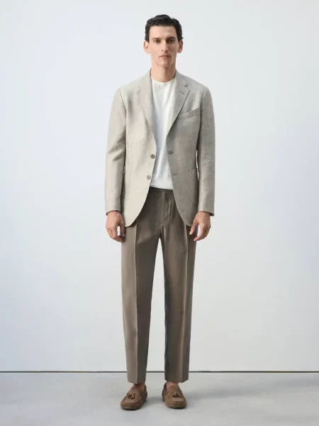 Marynarka len slim fit Mężczyzna 50 MANGO MAN zielony