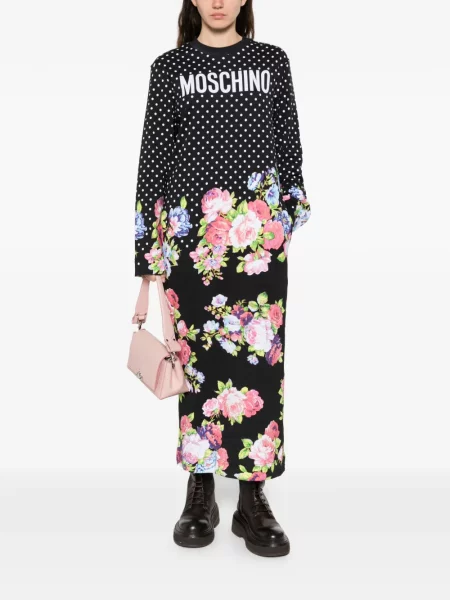Gėlėta raštuota midi suknelė Moschino iki kelių juoda