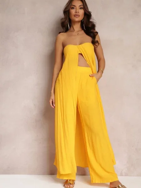 Komplet Długi Top i Spodnie z Gumką w Pasie i Szerokimi Nogawkami Bincina żółty